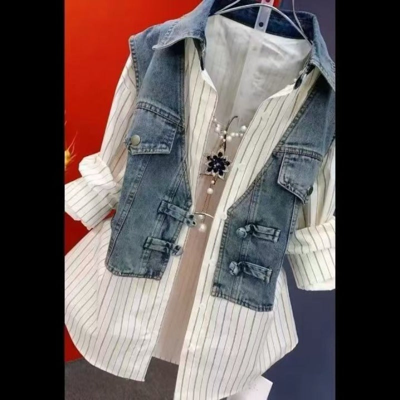 Women Easy on Denim Shacket, Featuring a No Zipper Button Design with a Two-Layer Appearance, Casual Blazer for Spring 2026  Versatile Plus Size Outerwear
