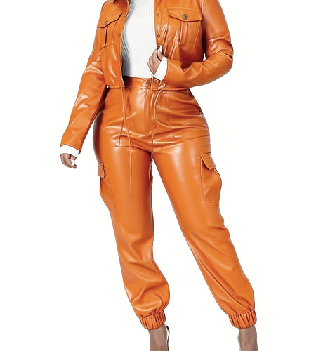 Fashionable Orange Retro Sexy High-end Slim-fit Stylish Top And Long Pants with Pockets