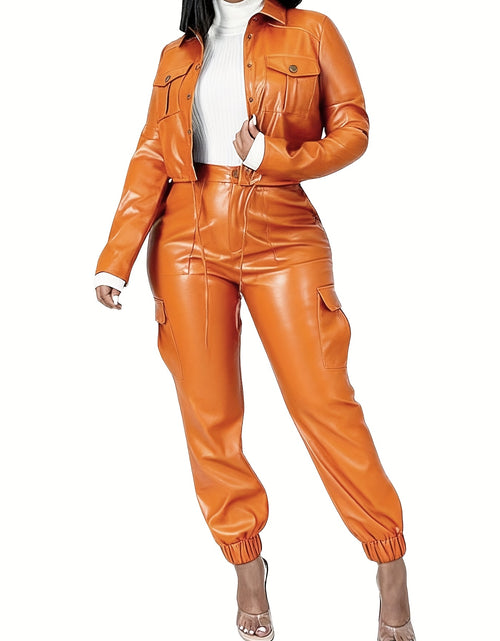 Load image into Gallery viewer, Fashionable Orange Retro Sexy High-end Slim-fit Stylish Top And Long Pants with Pockets
