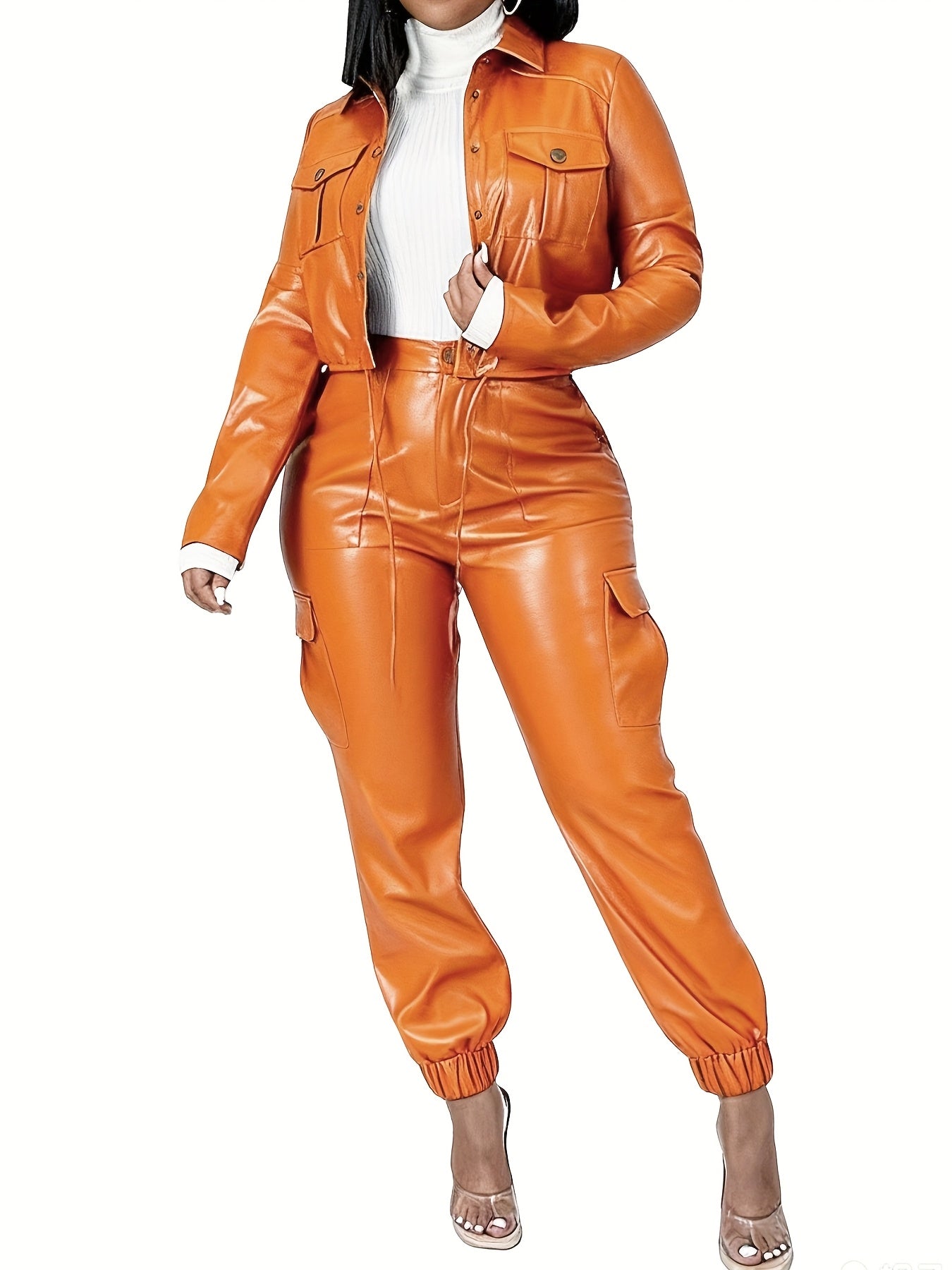 Fashionable Orange Retro Sexy High-end Slim-fit Stylish Top And Long Pants with Pockets