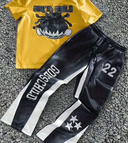 Spring-Summer Men's Printed Two-Piece Set, Street Head Print, Short Sleeve T-Shirt + Drawstring Sweatpants Casual Outfit