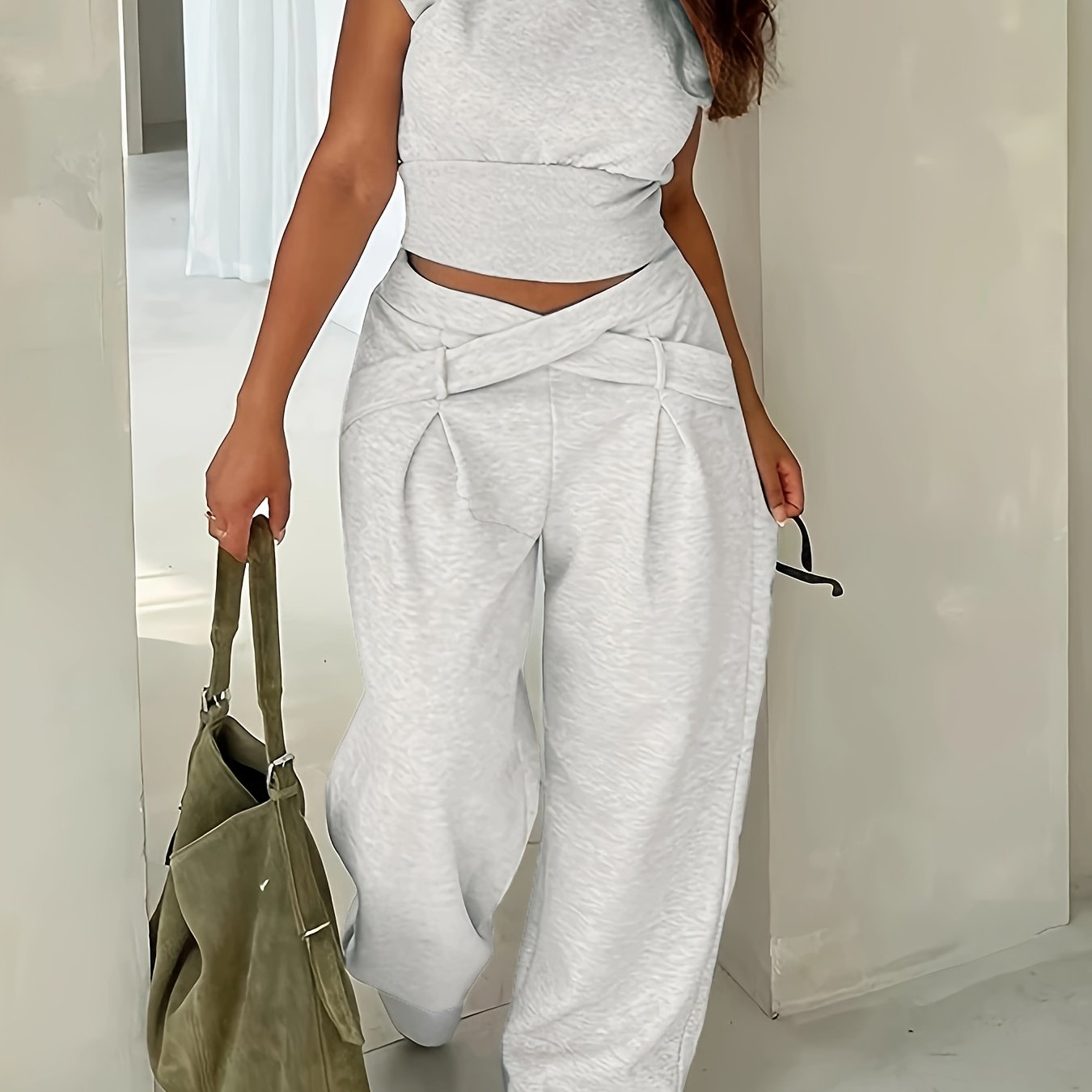 Long Sleeve Loose Top Polyester Blend Women Casual Solid Color Ribbed Pantsuit Set