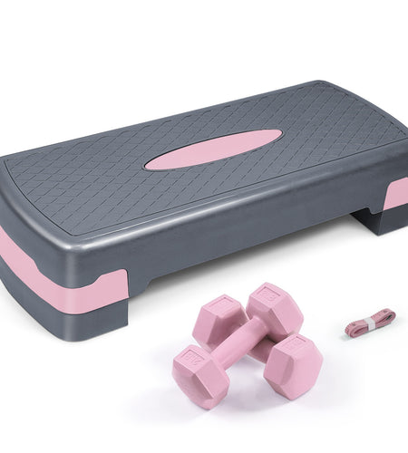 Adjustable Height Aerobic Stepper Set with 2 Dumbbells & Measuring Tape, Workout Exercise Step Platform w/ Level Risers