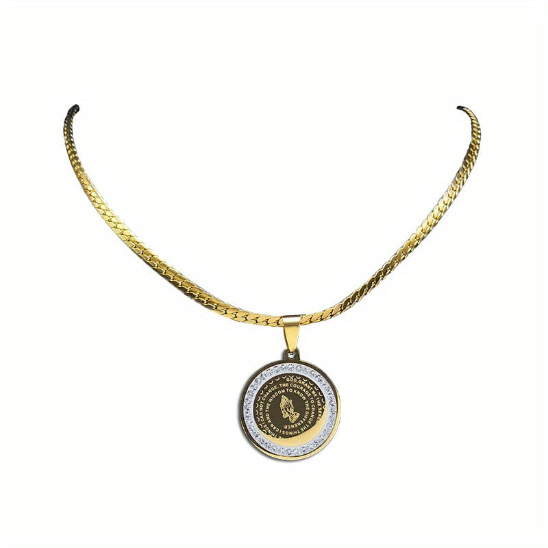 Elegant Golden-Tone Stainless Steel Serenity Prayer Hand Pendant Necklace with Crystal Accents - Hip Hop/Vintage Style Religious Jewelry for Men & Women, Perfect for Daily Wear