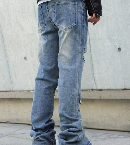 Men's straight-leg distressed jeans- mid-rise, stretch blend, leg zipper design, street style, ripped details, comfortable and versatile,  stylish long pants Slim-fit jeans Durable fabric