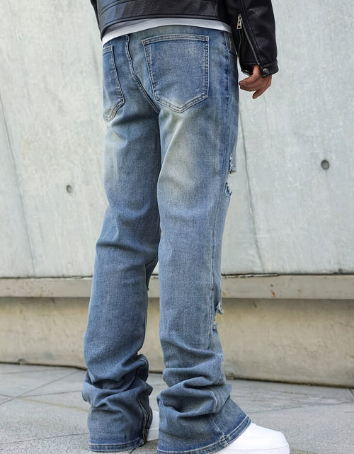 Load image into Gallery viewer, Men's straight-leg distressed jeans- mid-rise, stretch blend, leg zipper design, street style, ripped details, comfortable and versatile,  stylish long pants Slim-fit jeans Durable fabric
