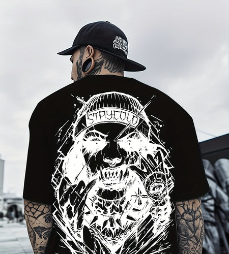 Men's Fashion Printed T-Shirt Pure Cotton Comfortable Breathable Crew Neck Geometric Pattern Casual Top for All Seasons