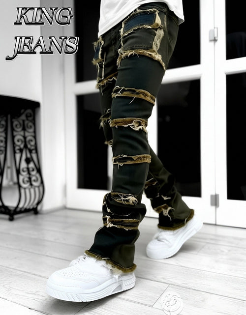 Load image into Gallery viewer, - Men Slim Straight Denim Trousers Featuring Layered Rips And Patchwork - Mid-Rise with a Zipper, Fringed Design, Ideal for Street Fashion,
