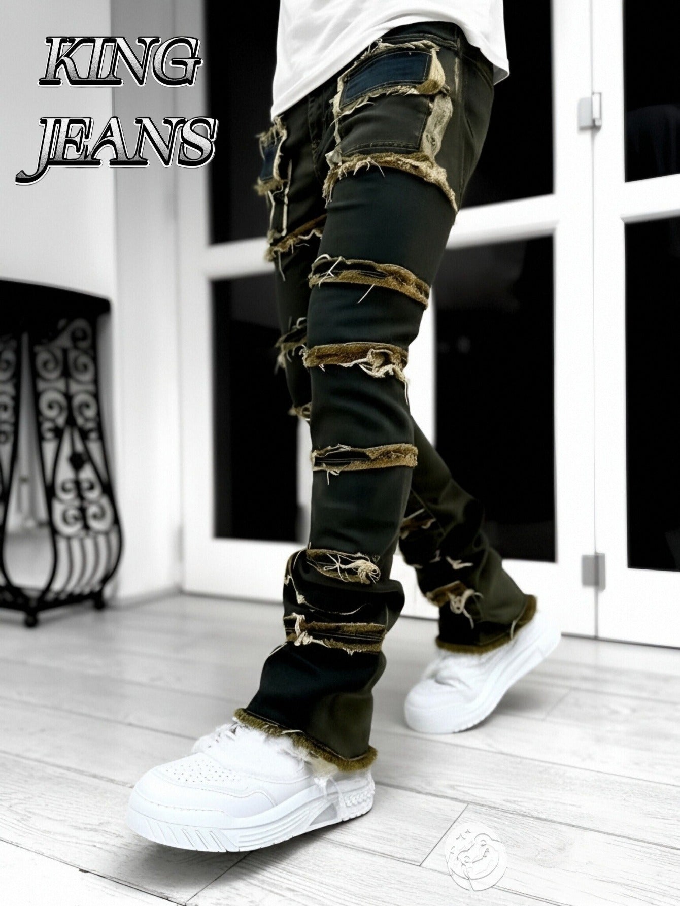 - Men Slim Straight Denim Trousers Featuring Layered Rips And Patchwork - Mid-Rise with a Zipper, Fringed Design, Ideal for Street Fashion,