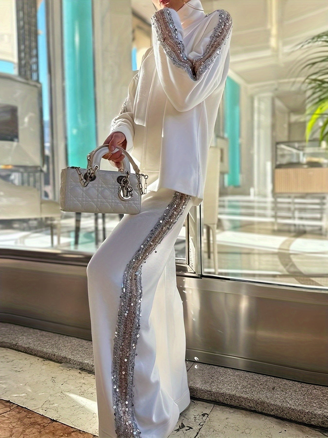 Fall New Arrival High-Neck Fashion Niche Sequin-Trimmed Pantsuit for Women, Stylish Ensemble, Elegant Outfit, Elegant Style, Chic Fashion, High quality Stitching, Sequin Detailing