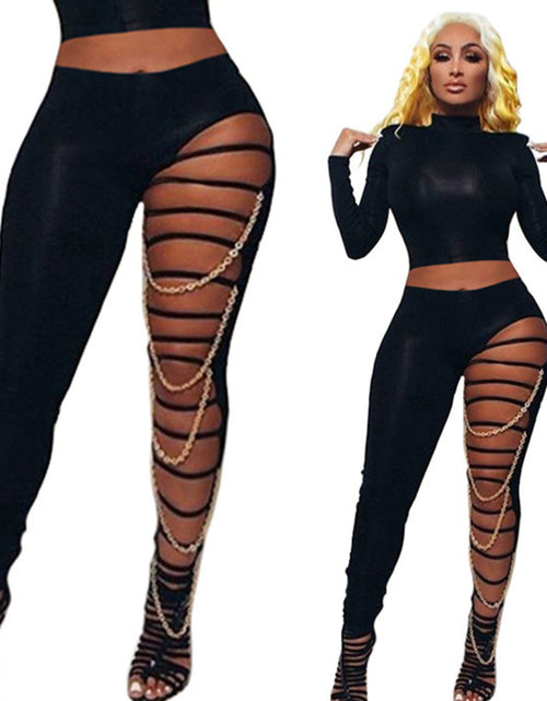 Load image into Gallery viewer, Women&#39;s Skinny Black Leggings with Chain Accents - Sexy Cutout Ripped Design, Mid-Waist, Stretchy Full-Length Pants, Polyester, Machine Washable
