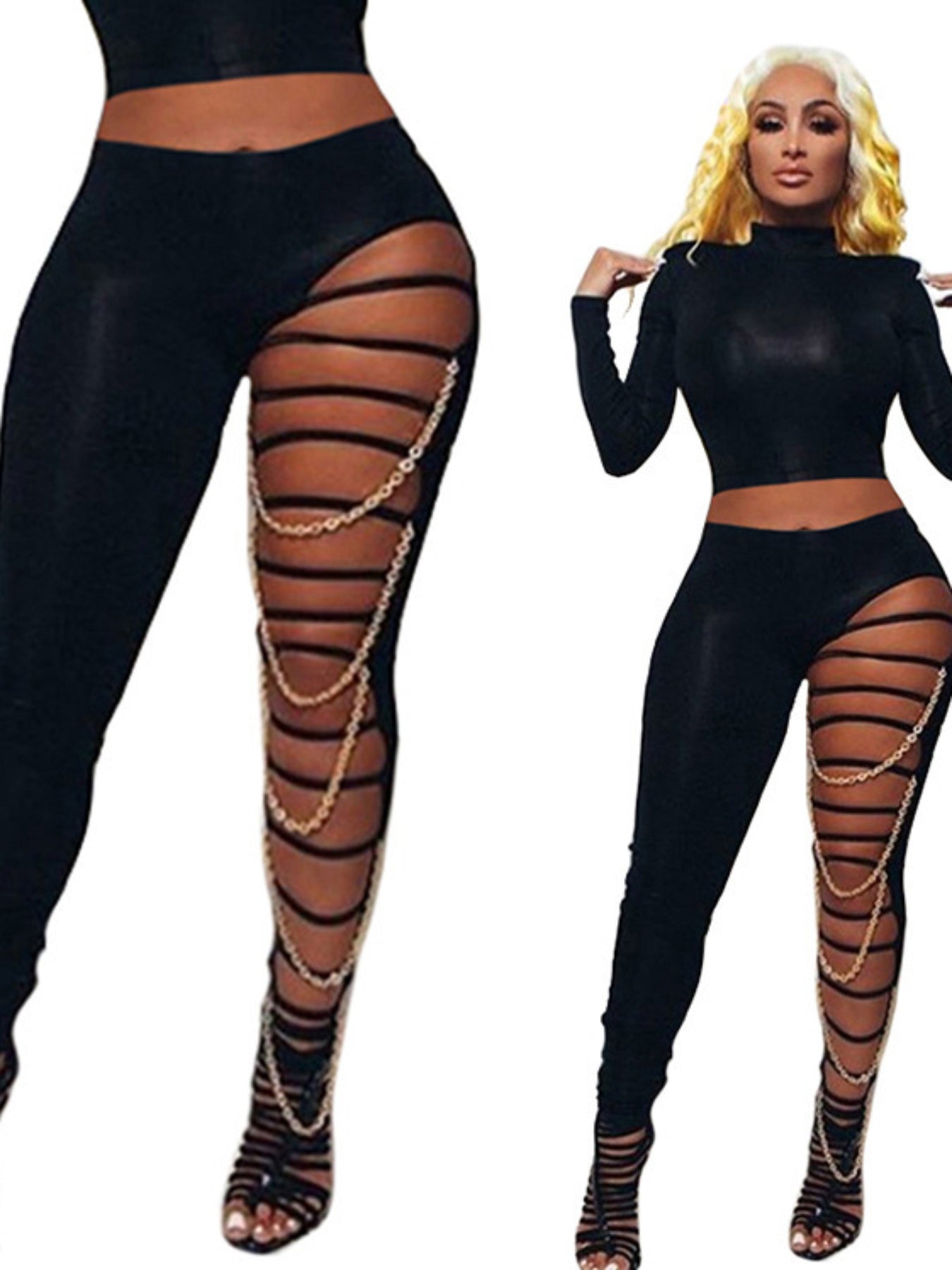 Women's Skinny Black Leggings with Chain Accents - Sexy Cutout Ripped Design, Mid-Waist, Stretchy Full-Length Pants, Polyester, Machine Washable