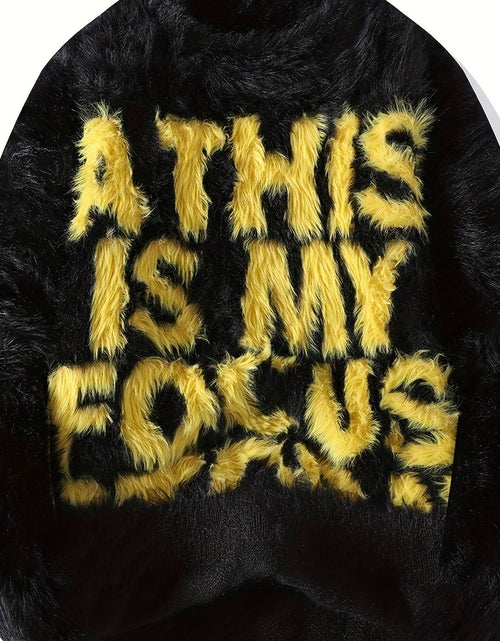 Load image into Gallery viewer, Men&#39;s Thick Fuzzy Sweater with Fleece &amp; &quot;THIS IS MY FOCUS&quot; Letter Print - White/Black Winter Warm Coat Jacket-like Collar, Loose Fit Round Neck Pullover for Casual &amp; Wear (No-Sew Design)
