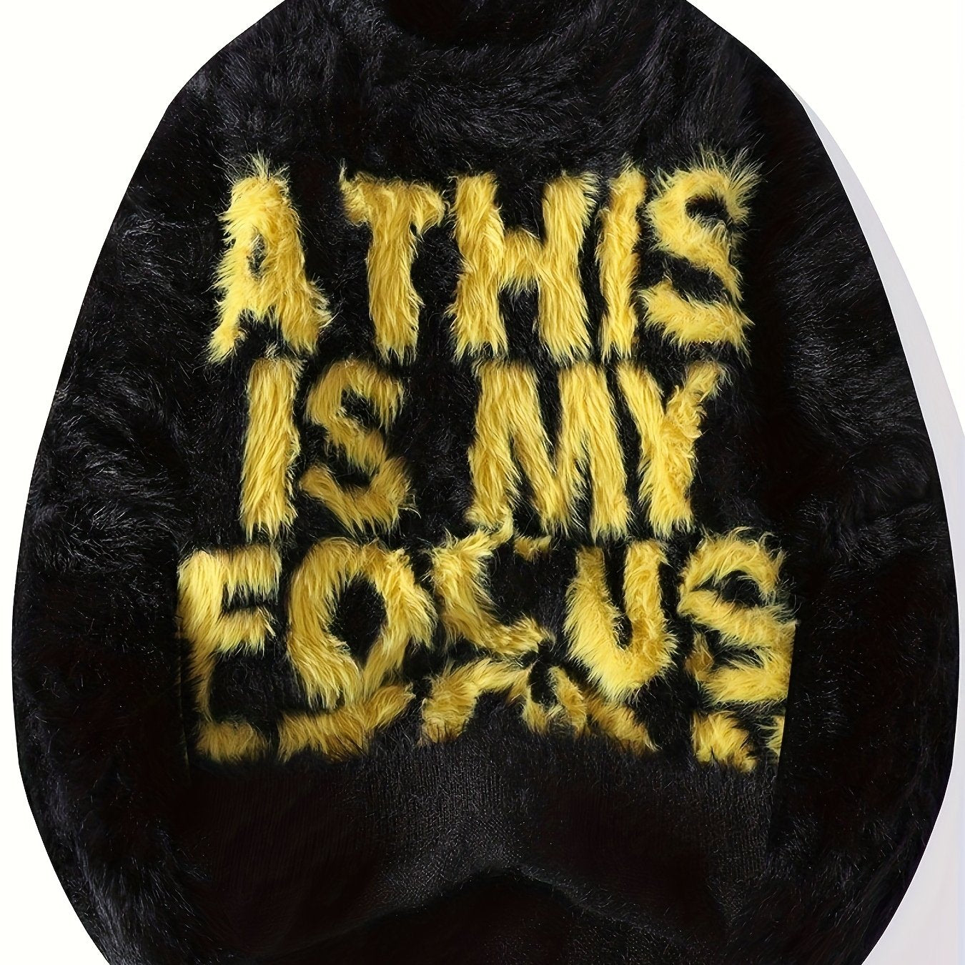 Men's Thick Fuzzy Sweater with Fleece & "THIS IS MY FOCUS" Letter Print - White/Black Winter Warm Coat Jacket-like Collar, Loose Fit Round Neck Pullover for Casual & Wear (No-Sew Design)