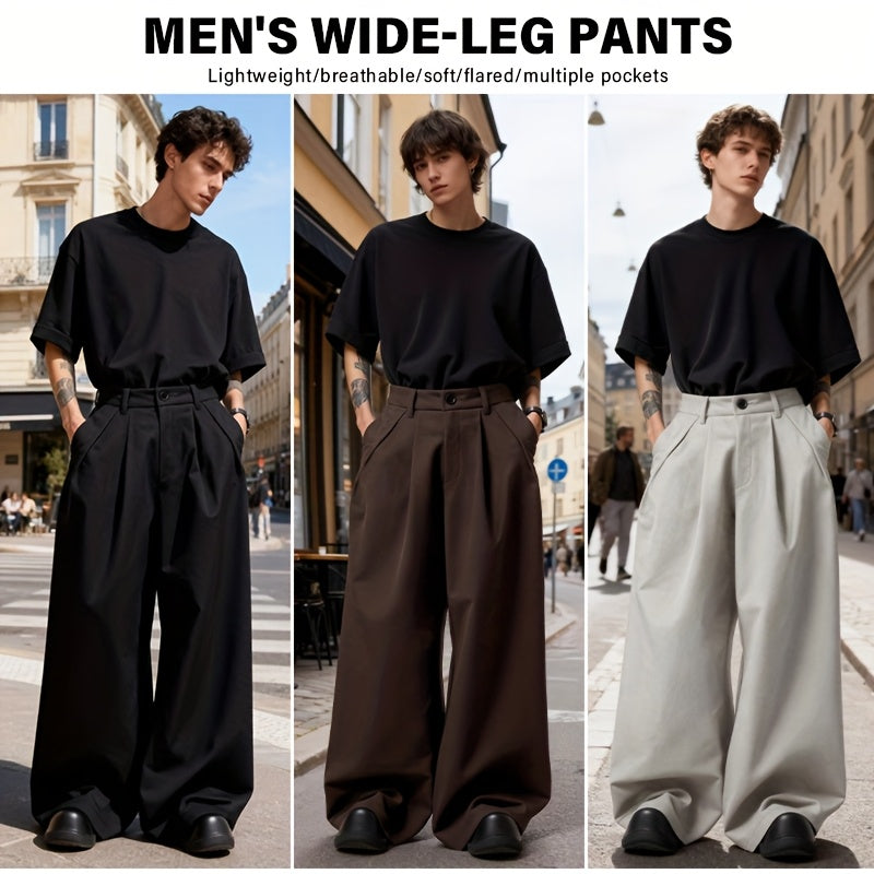 Men Loose Silhouette Solid Color With Pockets Pleated Pants Super Loose Pants Simple, Wide Leg Pants , Solid Color Pants - Elegant Wide Leg Pants