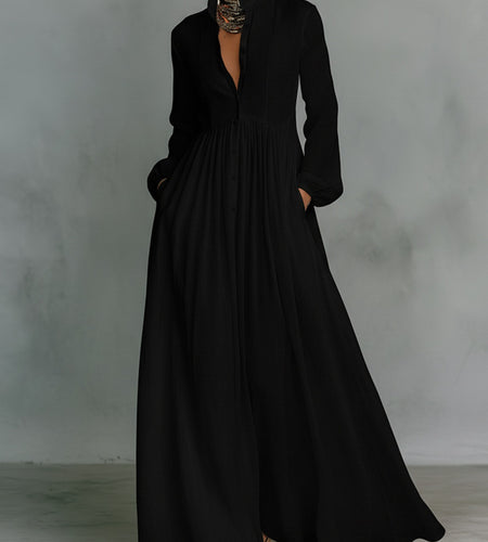 2026 New Style Waist-Cinching and Long-Sleeved Pleated Long Vacation Dress | French-Style White Midi Dress with V-Neck, Solid Color, Regular Fit