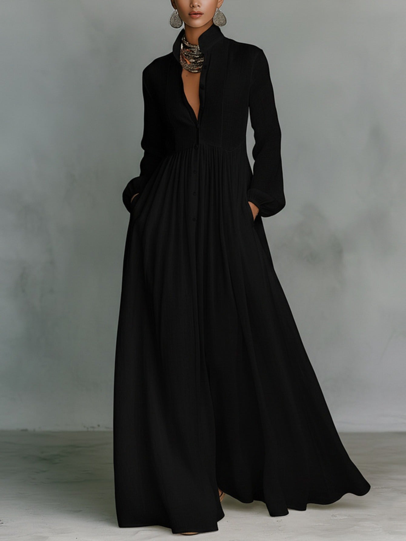 2026 New Style Waist-Cinching and Long-Sleeved Pleated Long Vacation Dress | French-Style White Midi Dress with V-Neck, Solid Color, Regular Fit