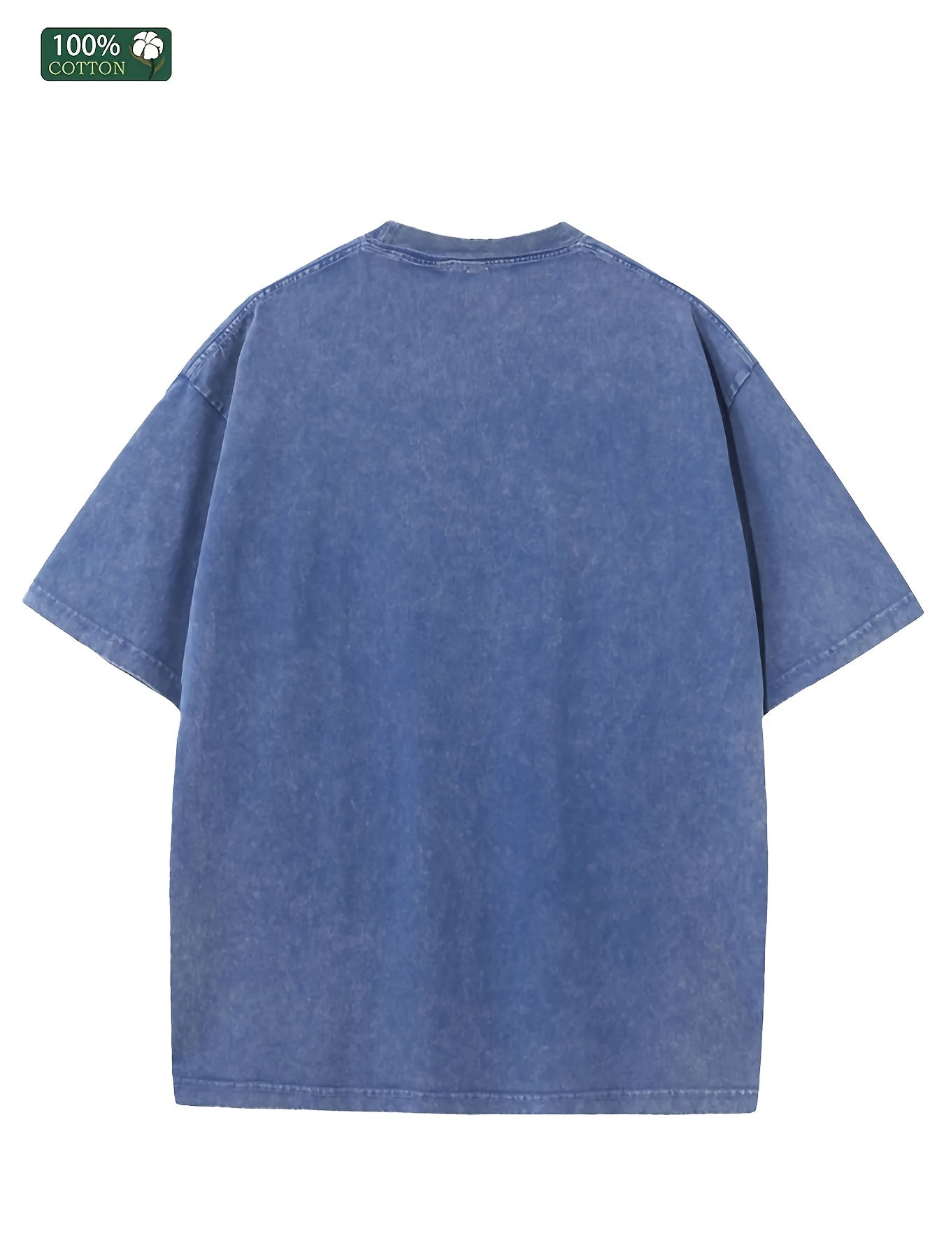 Home Relaxation | Men's Trendy Washed Cotton Graphic Tee - Blue Short Sleeve with Colorful Abstract Face & "OFF" Print, Casual Summer Shirt