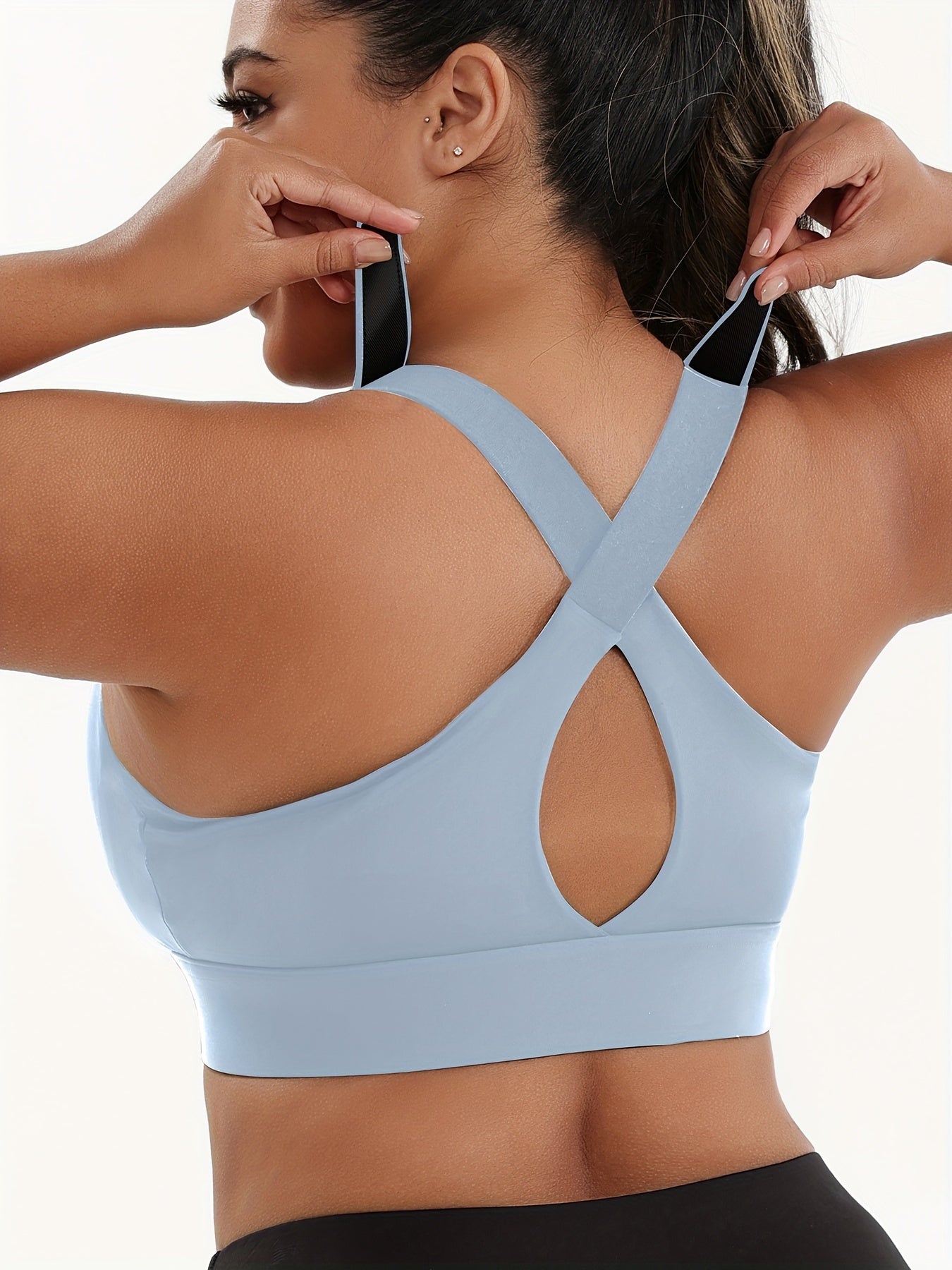 Women Plus Size High-Elasticity Sports Bra with Zipper - Blue, Non-Removable Padding, Adjustable Shoulder Straps, Ideal for Yoga & Pilates And Any Workouts
