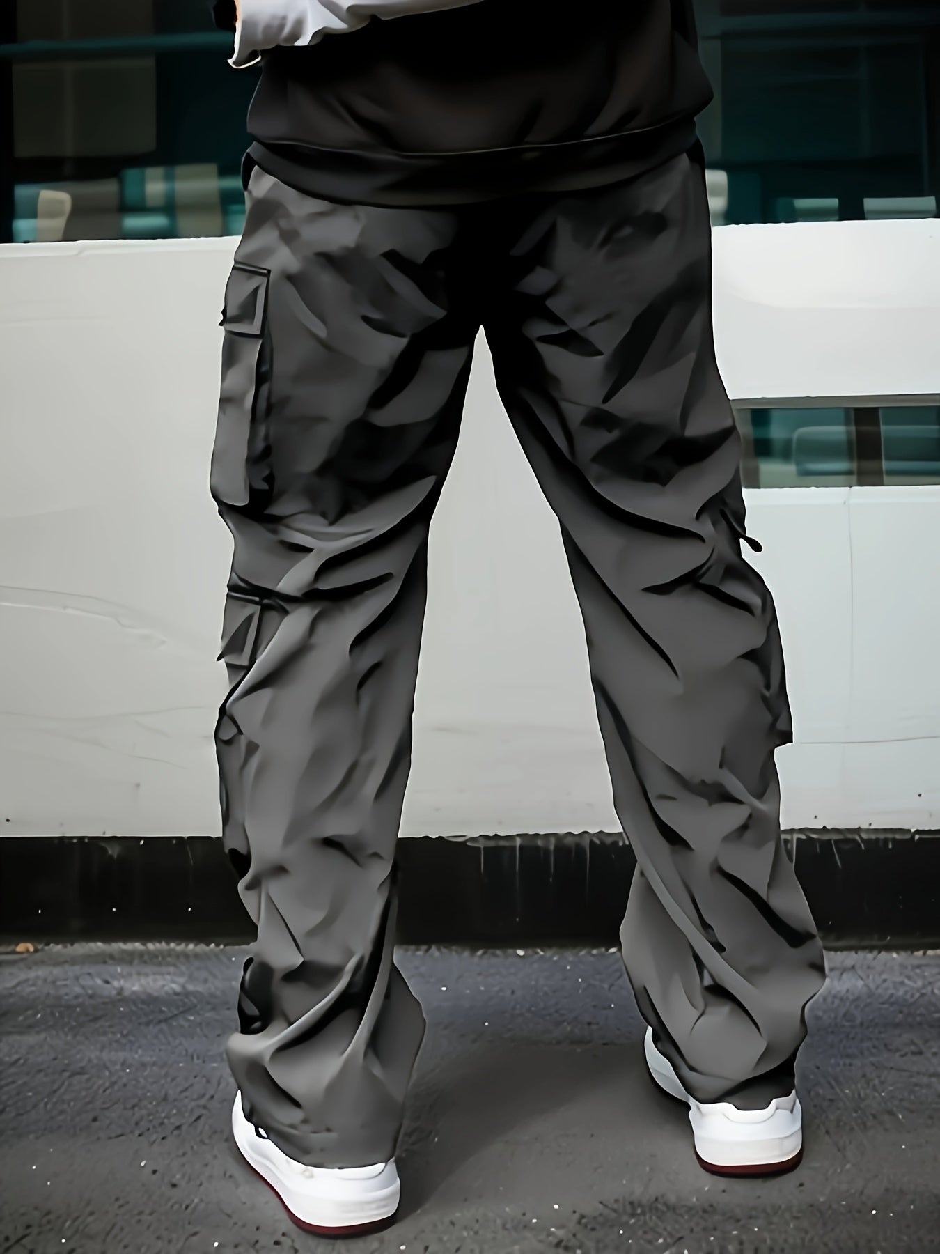 Men Casual Cargo Pants -  Multi-Pocket, Drawstring Waist, Loose Fit, Non-Stretch Polyester