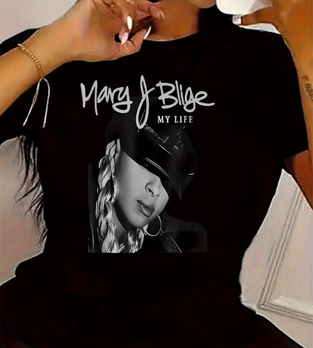 Plus Size, Women's Mary J. Blige MY LIFE Album Tribute Graphic Tee - Queen of Hip-Hop Iconic Portrait - Soft Round Neck T-Shirt