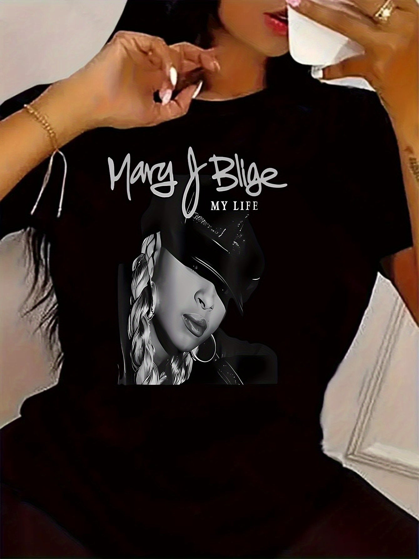 Plus Size, Women's Mary J. Blige MY LIFE Album Tribute Graphic Tee - Queen of Hip-Hop Iconic Portrait - Soft Round Neck T-Shirt
