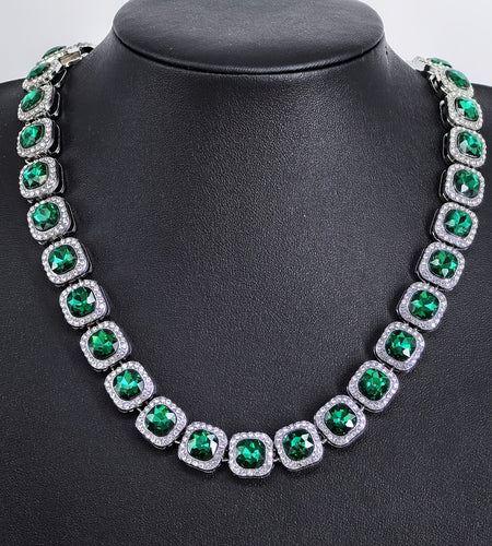 Green Rhinestone Choker, Men Hip-Hop Style Cuban Link Necklace, Durable Zinc Alloy with Iron Pendant, Trendy Unisex Accessory, Stylish Statement Jewelry