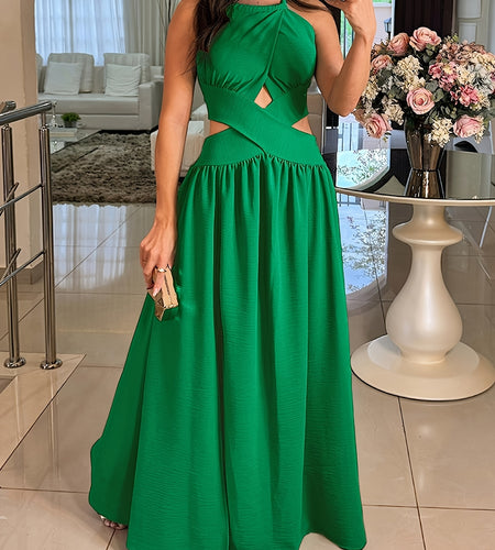 Sexy Backless Women's Evening Gown | Long Flared Skirt Formal Party Dress with Waist Cross Straps & Open Back, Round Neck Spring Summer Casual to Formal Attire