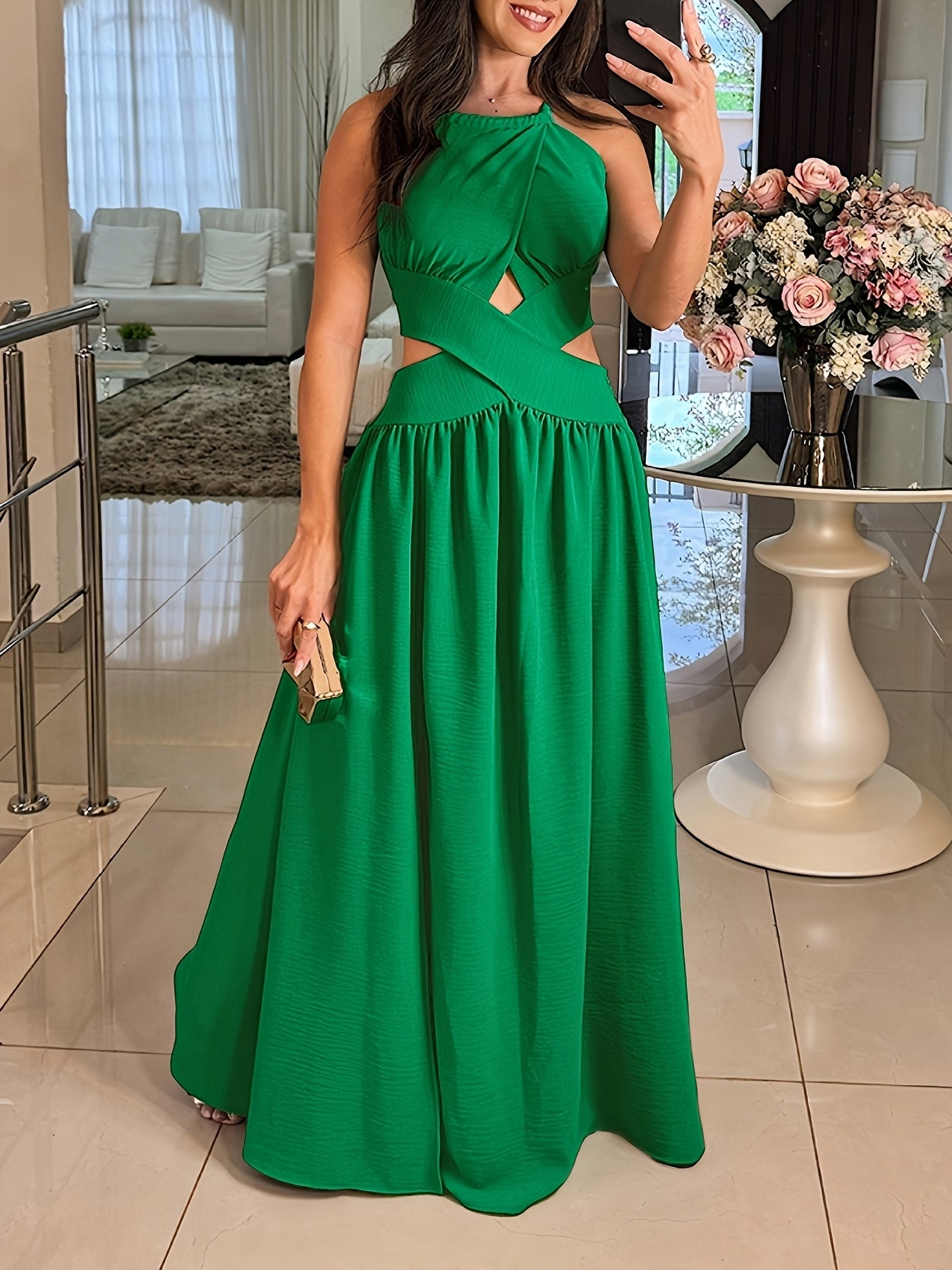 Sexy Backless Women's Evening Gown | Long Flared Skirt Formal Party Dress with Waist Cross Straps & Open Back, Round Neck Spring Summer Casual to Formal Attire