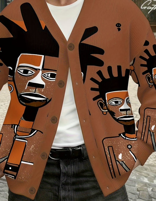 Load image into Gallery viewer, Men Fashion V-Neck Knitted Cardigan with Tribal Portrait Pattern Print, Lightweight Jacket, Casual And Warm Long Sleeves, Trendy And Versatile
