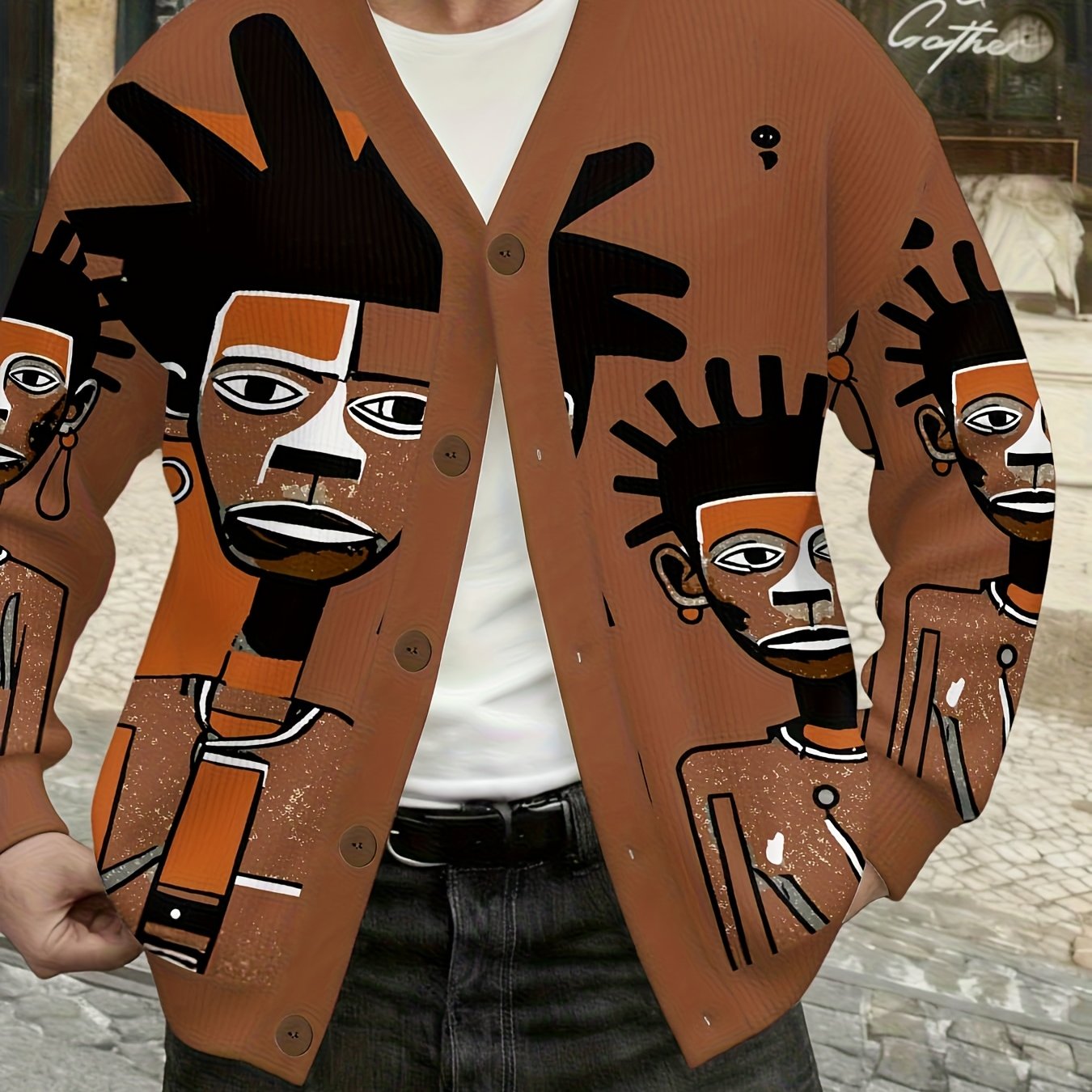 Men Fashion V-Neck Knitted Cardigan with Tribal Portrait Pattern Print, Lightweight Jacket, Casual And Warm Long Sleeves, Trendy And Versatile