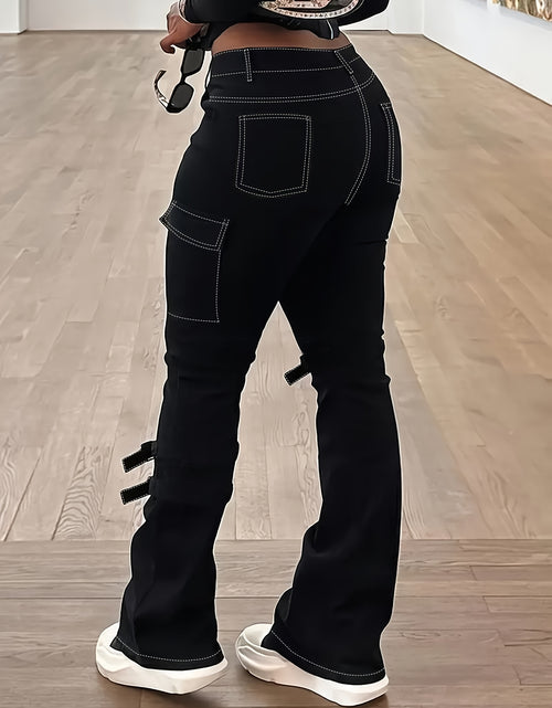 Load image into Gallery viewer, Plus Size Women American Retro Street Jeans - Solid Black Detachable Lace-Up Flap Side Pockets, Bootcut High Waist, Mature Comfortable Fashion Outfit
