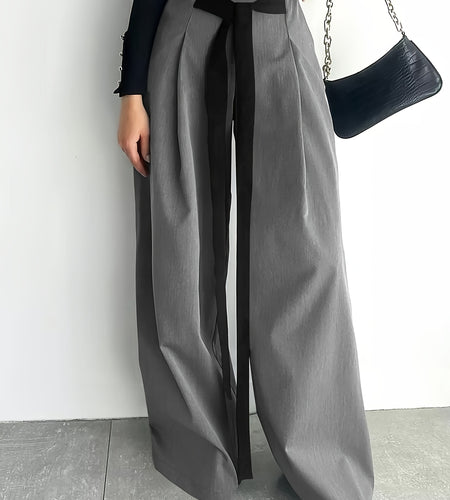 Women's High-Waisted Wide Leg Pants with Adjustable Tie Waist & Pockets - Casual to Business Casual Loose Fit Trousers, Solid Color All-Season Machine Washable, Business Casual Trousers | Pleated Pants | Functional Pockets Tr