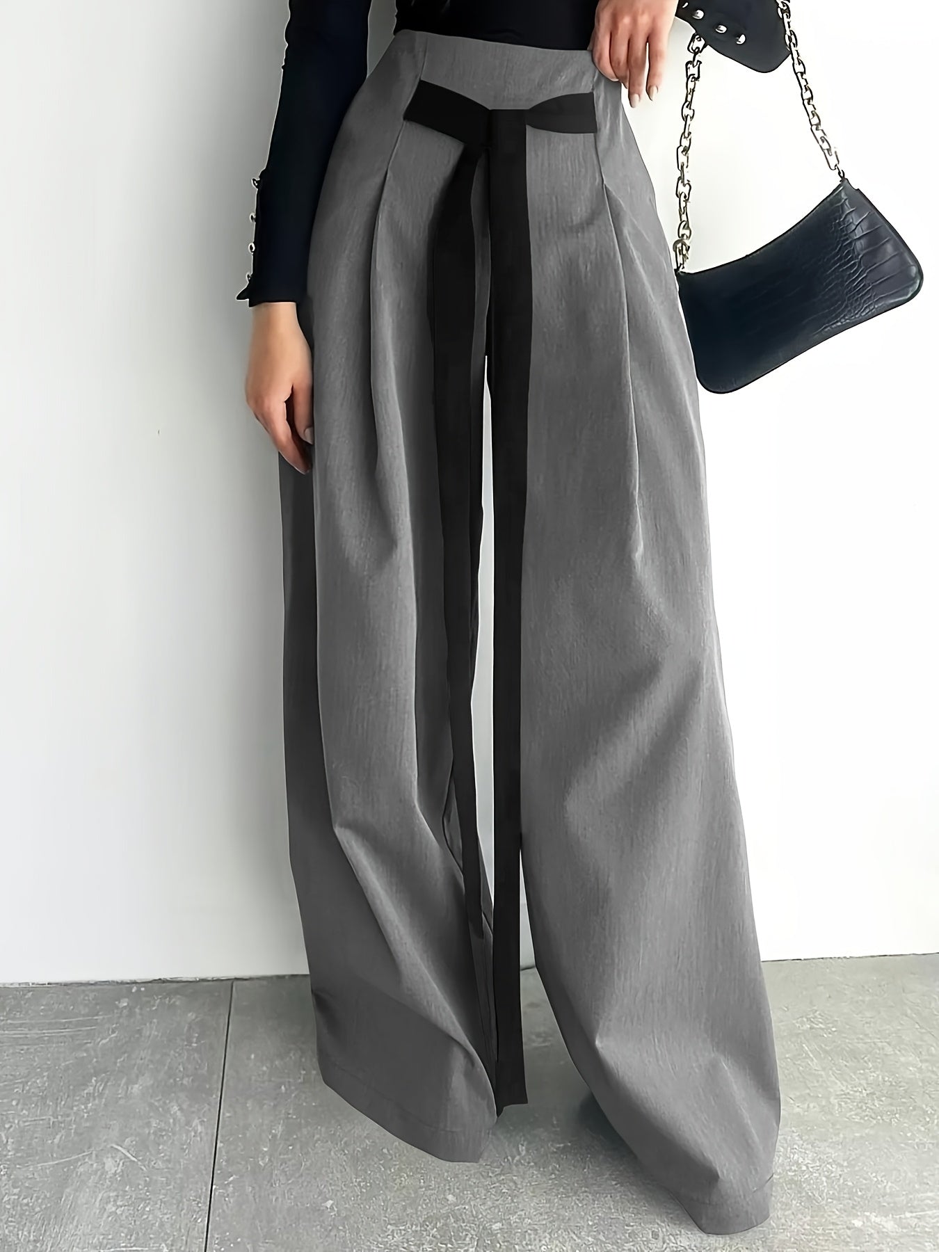 Women's High-Waisted Wide Leg Pants with Adjustable Tie Waist & Pockets - Casual to Business Casual Loose Fit Trousers, Solid Color All-Season Machine Washable, Business Casual Trousers | Pleated Pants | Functional Pockets Tr