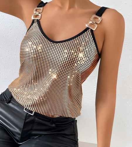 Elegant Golden Sequin Tank Top - Sleeveless, V-Neck, Polyester, Machine Washable - Women's Versatile All-Season Wear