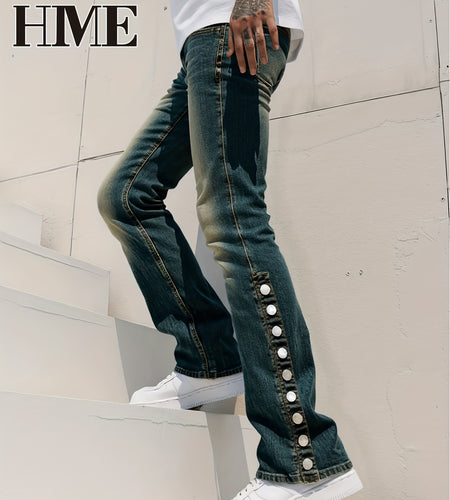Men Light-Washed Distressed Denim Jeans - Mid-Stretch Slim-Fit Flared Bell-Bottom Trousers with Fringed Hem & Ripped Details, Mid-Rise Built-In Zipper Closure