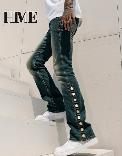 Load image into Gallery viewer, Men Light-Washed Distressed Denim Jeans - Mid-Stretch Slim-Fit Flared Bell-Bottom Trousers with Fringed Hem &amp; Ripped Details, Mid-Rise Built-In Zipper Closure
