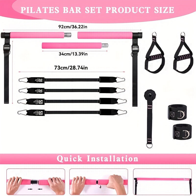 Pilates Bar Set, Multi-Functional Fitness Stepper and Stretching Trainer, Yoga and Home Workout Equipment, 14 pcs with 6 Resistance Bands (180 lbs)