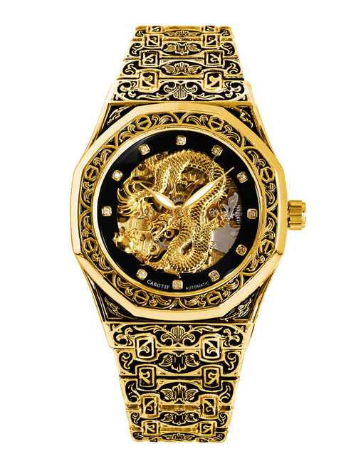 Load image into Gallery viewer, Fashionable Men Golden Steel Band Gorgeous Dragon Carved Fully Automatic Mechanical Watch, Without Battery
