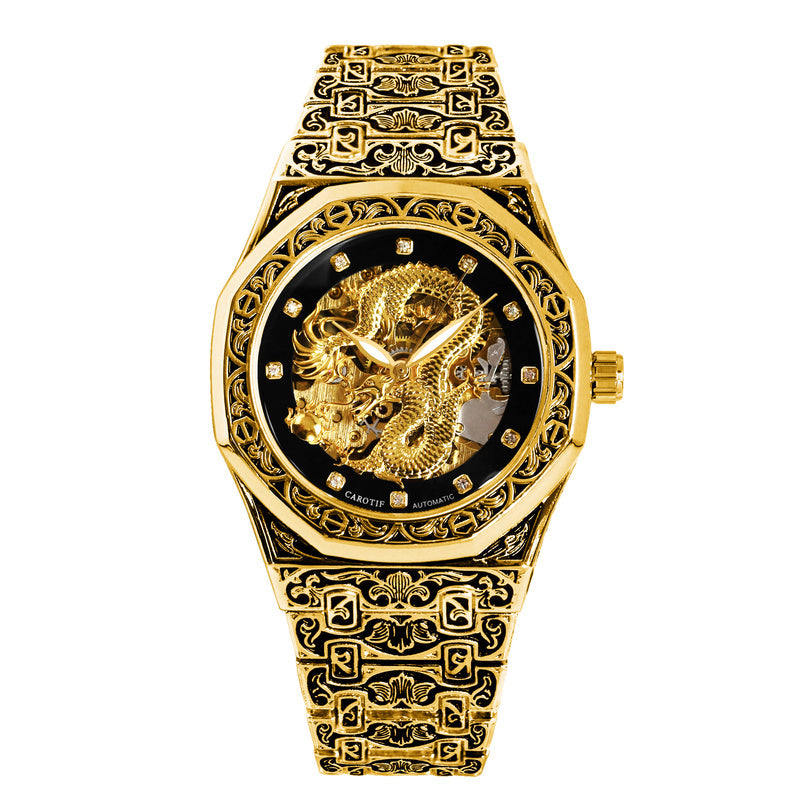 Fashionable Men Golden Steel Band Gorgeous Dragon Carved Fully Automatic Mechanical Watch, Without Battery