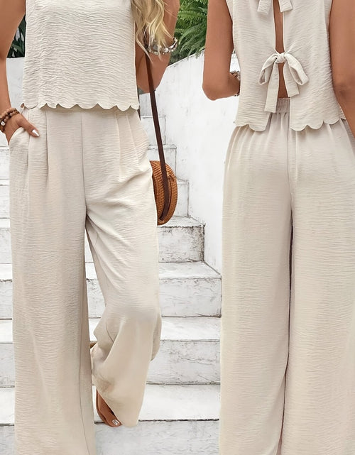 Load image into Gallery viewer, Frenchy Women Summer  Simple Everyday Old Money Style Linen Tie Two Piece Set, Tie Two Piece, Shell Trimmed Sleeveless Top And Pants
