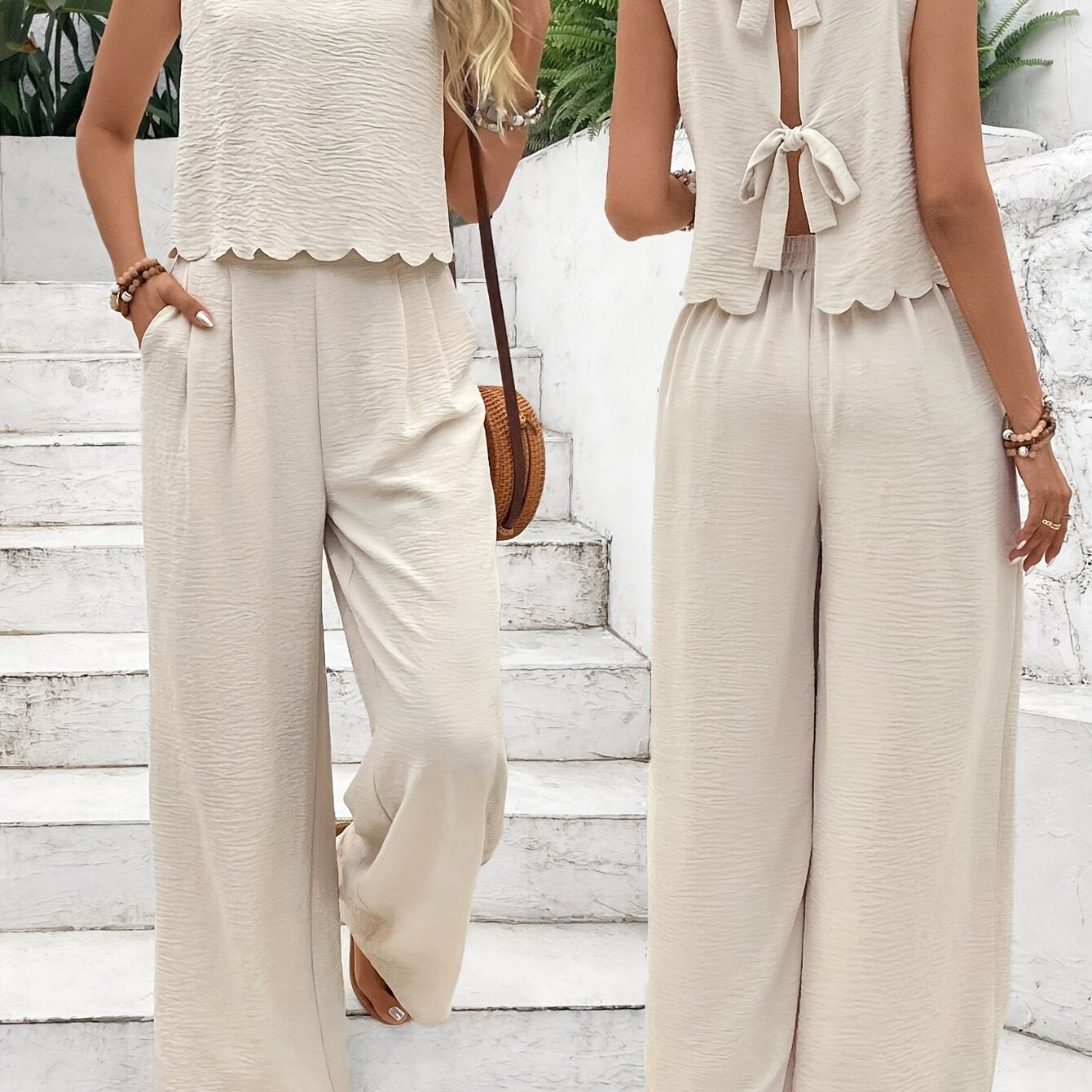 Frenchy Women Summer  Simple Everyday Old Money Style Linen Tie Two Piece Set, Tie Two Piece, Shell Trimmed Sleeveless Top And Pants