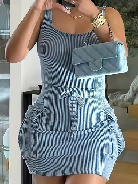 [Sleeveless Bodycon Dress] Sleeveless Ribbed Knit Dress | Women's Sexy Multi-Pockets Bodycon Midi Dress with Tie Waist | Casual Summer & Spring Attire, Ribbed Texture Detail