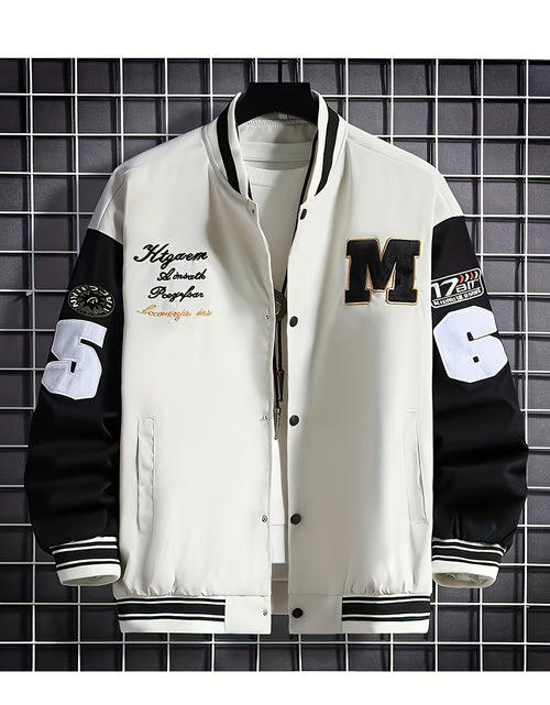 Load image into Gallery viewer, Plus Size Men Baseball Jacket, Casual Polyester Stand Collar with Snap Closure, Non-Stretch Woven Fabric, Loose Fit, with Monogram Patches, for Spring/Fall - Men Sports &amp; Active
