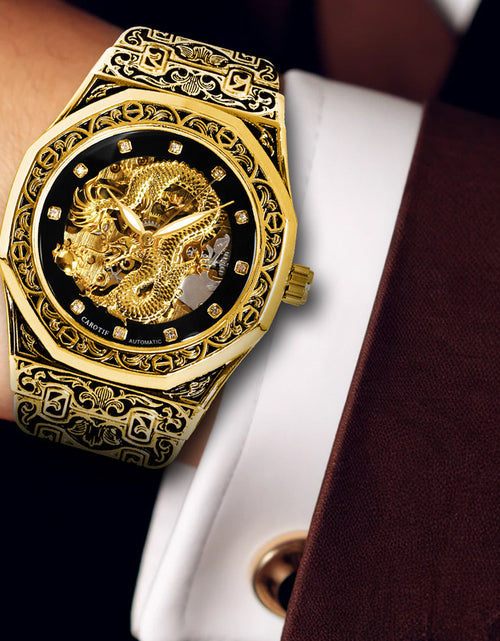 Load image into Gallery viewer, Fashionable Men Golden Steel Band Gorgeous Dragon Carved Fully Automatic Mechanical Watch, Without Battery
