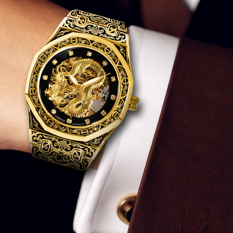 Fashionable Men Golden Steel Band Gorgeous Dragon Carved Fully Automatic Mechanical Watch, Without Battery