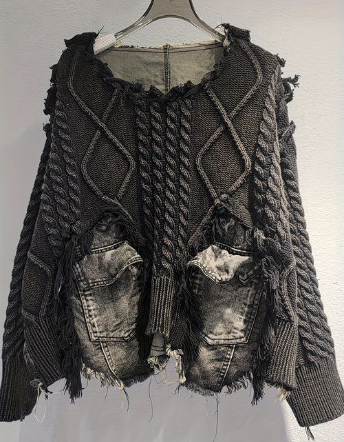 Load image into Gallery viewer, Trendy Braided Patchwork Denim Crewneck Long-Sleeve Cropped Sweater for Women, Fall/ Winter 2025
