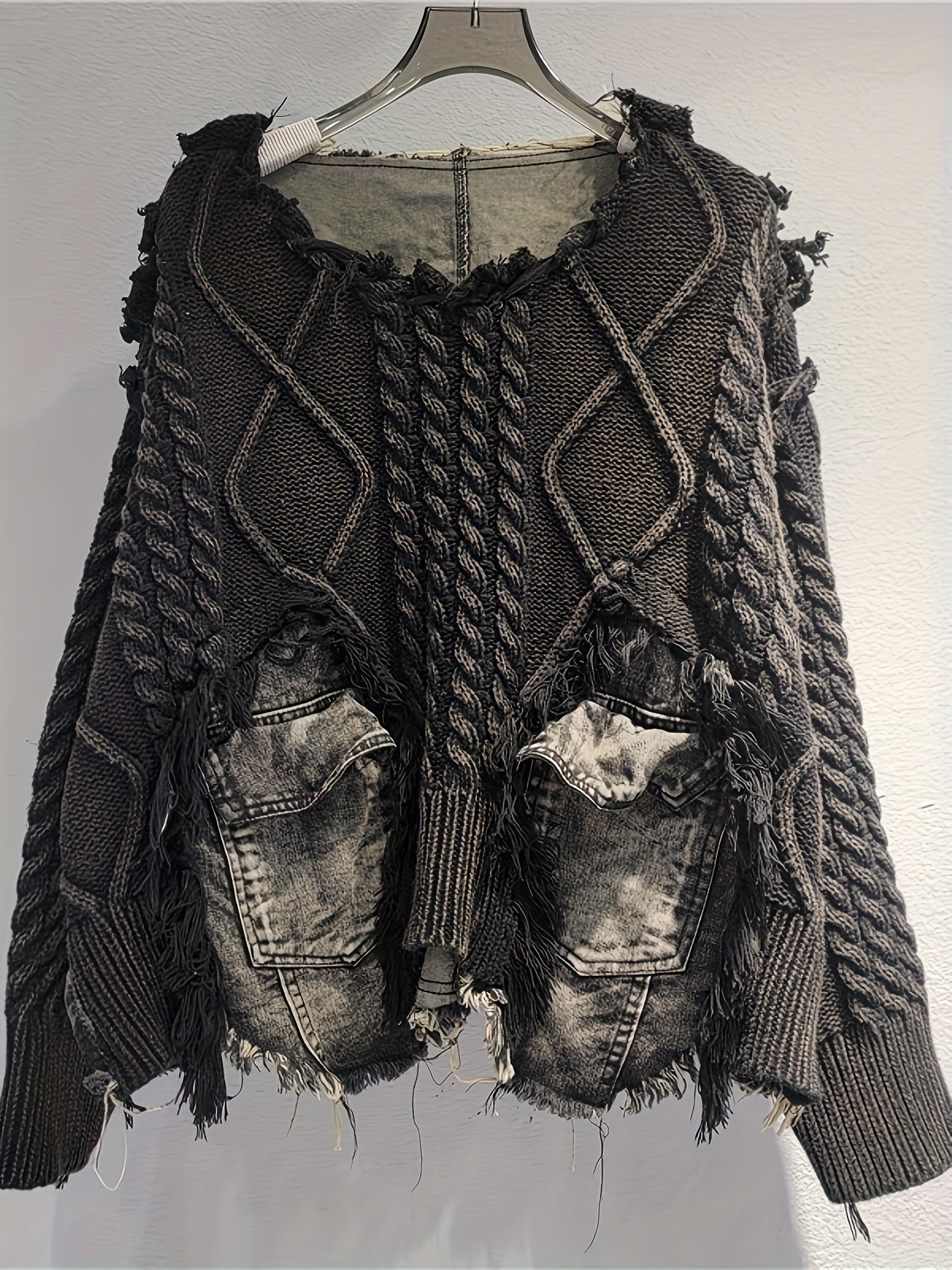 Trendy Braided Patchwork Denim Crewneck Long-Sleeve Cropped Sweater for Women, Fall/ Winter 2025