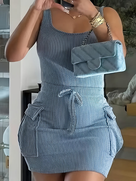 [Sleeveless Bodycon Dress] Sleeveless Ribbed Knit Dress | Women's Sexy Multi-Pockets Bodycon Midi Dress with Tie Waist | Casual Summer & Spring Attire, Ribbed Texture Detail