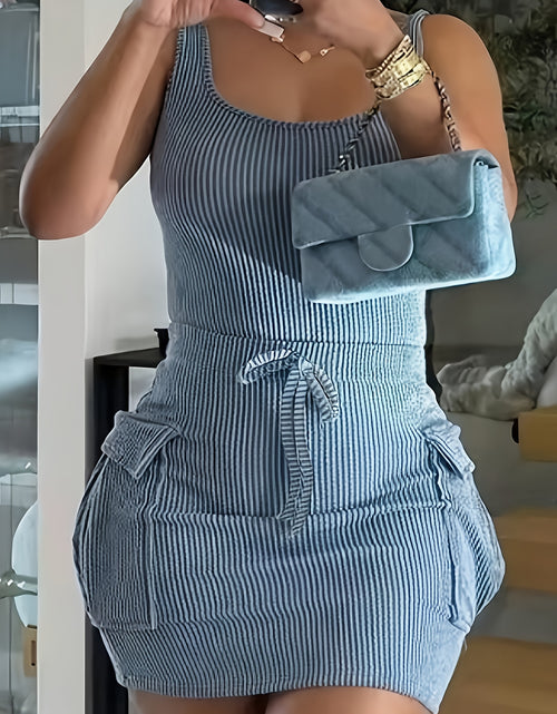 Load image into Gallery viewer, [Sleeveless Bodycon Dress] Sleeveless Ribbed Knit Dress | Women&#39;s Sexy Multi-Pockets Bodycon Midi Dress with Tie Waist | Casual Summer &amp; Spring Attire, Ribbed Texture Detail
